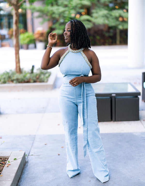 Kelly chain hardware denim jumpsuit